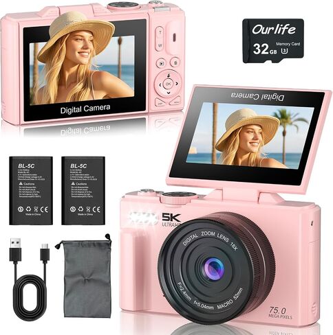 Ourlife 5K Digital Camera for Photography with Flip Screen,Pink Camera in Kuwait