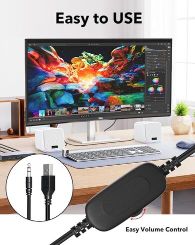 Uakinat Computer Speakers for Desktop PC, USB Powered 3.5mm Aux Speaker for PC, Laptop, Tablet, Phone, Plug and Play with Volume Control, White in Kuwait
