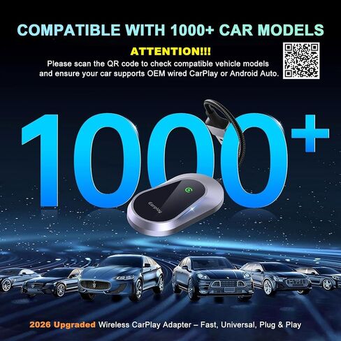 2026 Wireless CarPlay Adapter & Android Auto Wireless Adapter, Universal Plug & Play USB/Type-C, Titanium Alloy Fast Heat Dissipation, LED Music Sync Light, Fits 1000+ Car Models in Kuwait