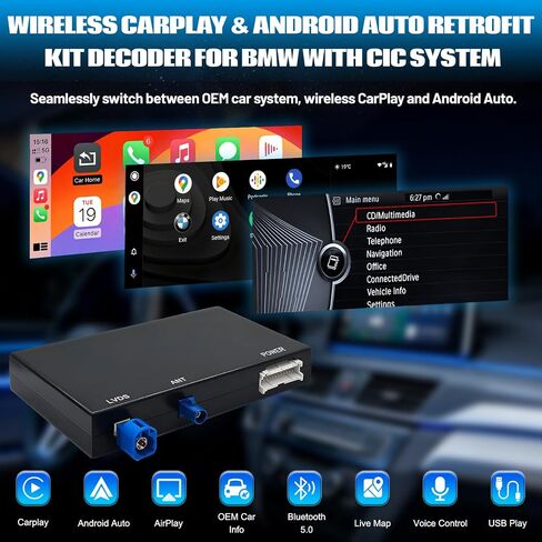 Wireless CarPlay Android Auto Retrofit Kit for BMW CIC System 1/2/3/4/5/7seriers X1/X3/X5/X6/E60/E61/E81/E90/F07/F10/F11/E84/E71/F25/E70 2008-2012,Support OEM Controls, Airplay Mirror,Reverse Camera in Kuwait