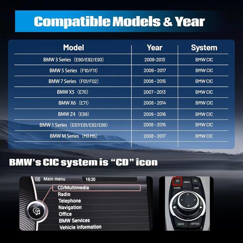Wireless CarPlay Android Auto Retrofit Kit for BMW CIC System 1/2/3/4/5/7seriers X1/X3/X5/X6/E60/E61/E81/E90/F07/F10/F11/E84/E71/F25/E70 2008-2012,Support OEM Controls, Airplay Mirror,Reverse Camera in Kuwait