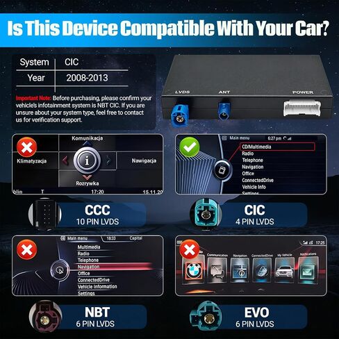 Wireless CarPlay Android Auto Retrofit Kit for BMW CIC System 1/2/3/4/5/7seriers X1/X3/X5/X6/E60/E61/E81/E90/F07/F10/F11/E84/E71/F25/E70 2008-2012,Support OEM Controls, Airplay Mirror,Reverse Camera in Kuwait