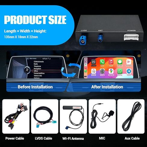 Wireless CarPlay Android Auto Retrofit Kit for BMW CIC System 1/2/3/4/5/7seriers X1/X3/X5/X6/E60/E61/E81/E90/F07/F10/F11/E84/E71/F25/E70 2008-2012,Support OEM Controls, Airplay Mirror,Reverse Camera in Kuwait
