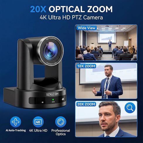 4K PTZ Camera with AI Auto Tracking, 20X Optical Zoom, HDMI USB 3.0 LAN PoE, Supports TF Card Recording, Conference Camera for Church, Education, Meetings and Live Streaming in Kuwait