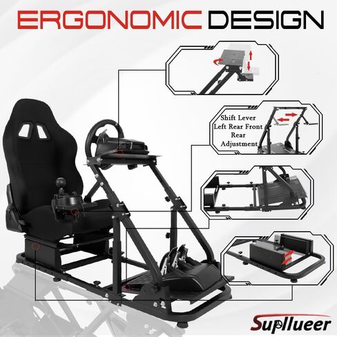 Supllueer Sim Racing Cockpit Black Racing Seat Wheel Stand with 2 Arms Support Fit for Logitech/Thrustmaster/Fanatec G25 G27 G29 G920 TX T300 V9, Driving Simulator Frame, No Wheel Pedal Shifter in Kuwait