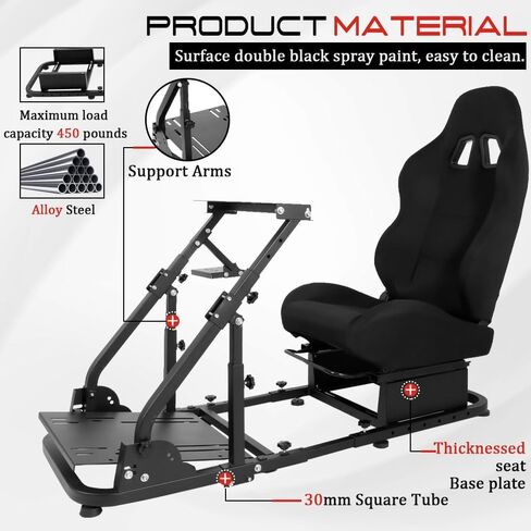 Supllueer Sim Racing Cockpit Black Racing Seat Wheel Stand with 2 Arms Support Fit for Logitech/Thrustmaster/Fanatec G25 G27 G29 G920 TX T300 V9, Driving Simulator Frame, No Wheel Pedal Shifter in Kuwait