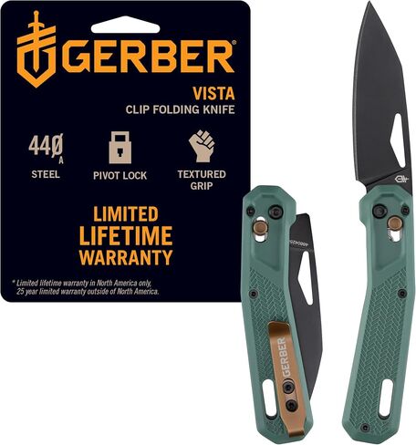 Gerber Gear Vista - Clip Folding Pocket Knife with 3.24" 440A Stainless Steel Drop Point Blade, Ambidextrous Pivot Lock, Pocket Clip & Lanyard Hole - Plain Edge (Black) in Kuwait