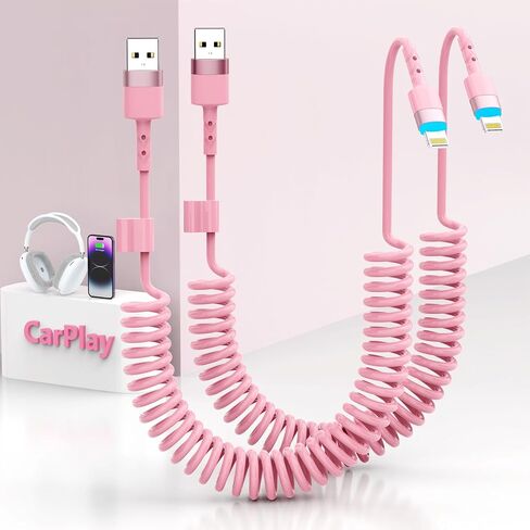 2Pack Apple CarPlay USB A to Lightning iPhone Coiled Charger Cable for Car,4Ft Short Charging Cord Sync Data Retractable Charger Connector for iPhone 14/13/12/11 SE/Xr/iPad【MFi Certified】-Pink in Kuwait