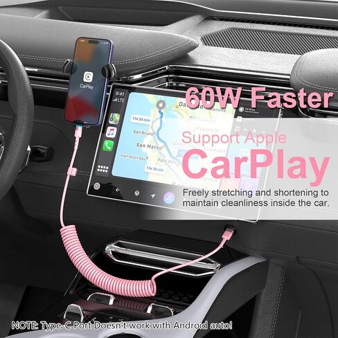 2Pack Apple CarPlay USB A to Lightning iPhone Coiled Charger Cable for Car,4Ft Short Charging Cord Sync Data Retractable Charger Connector for iPhone 14/13/12/11 SE/Xr/iPad【MFi Certified】-Pink in Kuwait