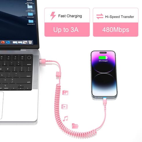 2Pack Apple CarPlay USB A to Lightning iPhone Coiled Charger Cable for Car,4Ft Short Charging Cord Sync Data Retractable Charger Connector for iPhone 14/13/12/11 SE/Xr/iPad【MFi Certified】-Pink in Kuwait