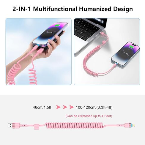 2Pack Apple CarPlay USB A to Lightning iPhone Coiled Charger Cable for Car,4Ft Short Charging Cord Sync Data Retractable Charger Connector for iPhone 14/13/12/11 SE/Xr/iPad【MFi Certified】-Pink in Kuwait