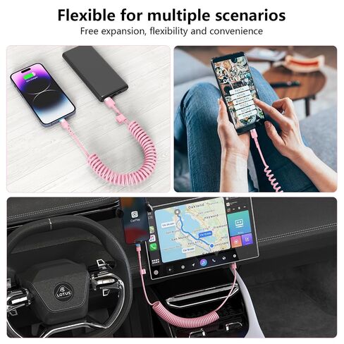 2Pack Apple CarPlay USB A to Lightning iPhone Coiled Charger Cable for Car,4Ft Short Charging Cord Sync Data Retractable Charger Connector for iPhone 14/13/12/11 SE/Xr/iPad【MFi Certified】-Pink in Kuwait