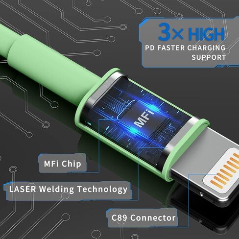 Apple MFi Certified 2Pack 6ft Fast Lightning Charger Cable - Long iPhone Cord, Compatible with iPhone 12/11 Pro/11/XS MAX/XR/8/7/6s/6/5S/SE iPad/Air - Original Light Green in Kuwait