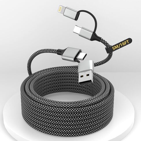 16FT Long Multi 4 in 1 USB C Cable Lightning Charging Cable,5M 60W Fast Charger & Data Transfer,iPhone iPad Charger Cord with Lightning/Type C/USB A for Apple iPhone 15/14/13/12,MacBook,IPad,Samsung in Kuwait