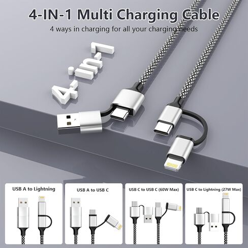 16FT Long Multi 4 in 1 USB C Cable Lightning Charging Cable,5M 60W Fast Charger & Data Transfer,iPhone iPad Charger Cord with Lightning/Type C/USB A for Apple iPhone 15/14/13/12,MacBook,IPad,Samsung in Kuwait