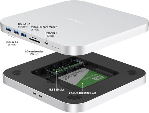 Mac mini Dock, USB C Hub with Dual SSD Enclosure- Fits M.2 NVMe/SATA SSD and 2.5 inch SSD, USB-C 10Gbps, SD/TF Card Readers, Docking Station for Mac mini M1/M2/Mac Studio | Accessories in Kuwait