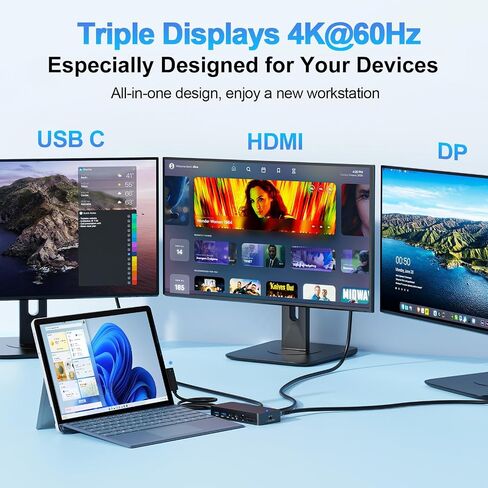 New Surface Dock Triple Displays 4K@60Hz HDMI+USB C+DP with Power Adapter, Surface Pro Docking Station Compatible with Surface Pro 12/11/10/9/8/X/7/6/5/4/3,Surface Laptop 7/6/5/4/3/2/1,Go 4/3/2/1 in Kuwait