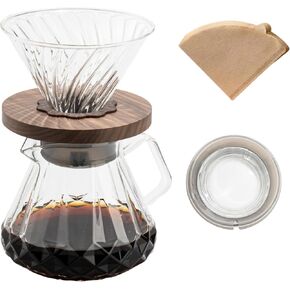 Pour Over Coffee Maker 24 oz/700 ml, Pour Over Coffee Dripper with 40 Filters, Borosilicate Glass Carafe, Walnut Handle, Lid, Clear, For Home Café Camping (24 OZ/700 ML) in Saudi Arabia
