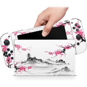 ZOOMHITSKINS Skin Compatible with Switch, Anime Japanese Temple Cherry Blossom Pink Samurai Design, Durable 3M Vinyl Decal Wrap, Precision Fit, Bubble-Free, Made in USA in Kuwait