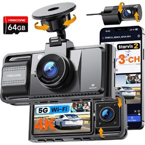 Real 4K 3 Channel Dash Cam Front and Rear Inside, STARVIS 2 HDR Sensor, 5.8GHz Wi-Fi GPS G-Sensor, 4K+1080P+1080P Dash Cam, 64GB Card Included, IR Night Vision, 3.3" IPS Screen, 24Hr Parking Monitor in Saudi Arabia