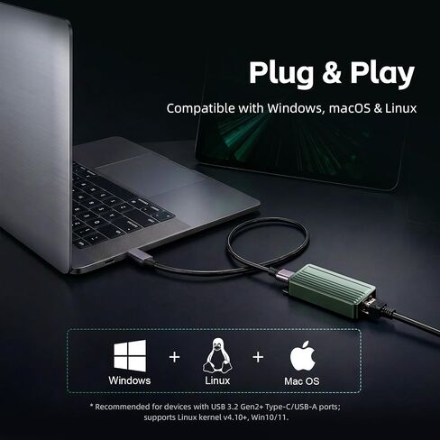 USB C to 10Gbps Ethernet Adapter, USB 3.2 Gen 2x2 Type-C to RJ45 10G LAN Network Dongle with Realtek RTL8159 Chip, Thunderbolt 3/4 Compatible for MacBook, Windows 11 Laptop, NAS, PC in Saudi Arabia