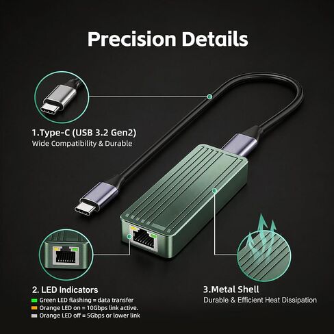 USB C to 10Gbps Ethernet Adapter, USB 3.2 Gen 2x2 Type-C to RJ45 10G LAN Network Dongle with Realtek RTL8159 Chip, Thunderbolt 3/4 Compatible for MacBook, Windows 11 Laptop, NAS, PC in Saudi Arabia