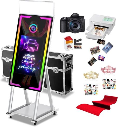 Magic Mirror Photo Booth with Printer and Camera,45-22" Interactive DSLR Photo Booth Built-in PC,Music Sync,Flight Case,Instant Print and Share,RGB Light Professional Photography for Parties in Kuwait