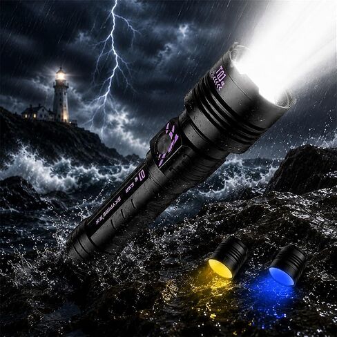 SKYFIRE Super Bright Tactical Flashlight Rechargeable High Lumens 10000 Long Runtime LED Flashlights with Ignition Lens 5 Modes Zoomable Waterproof Powerful Flash Light Camping Emergency Gift College in Kuwait
