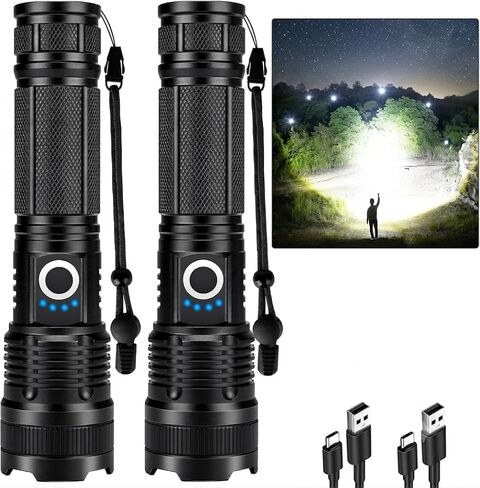 2 Pack Rechargeable Flashlight, 99,000 High Lumens LED Flashlight with 5 Modes, IPX7 Waterproof, Adjustable Focus, Powerful Handheld Flash Light for Camping, Hiking, Emergency, Home Use in Kuwait