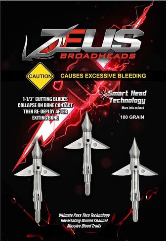 Zeus 125 Grain BROADHEADS by Zeus with Patented Smart Head Technology (3 Pack), Hunting Arrow Heads Patented Tip and Blades, 4 Blade in Kuwait