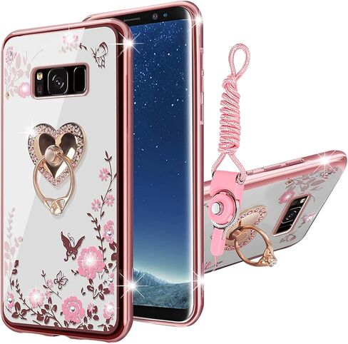 for Samsung Galaxy S8 Case, Samsung S8 Case for Women Glitter Crystal Soft Bling Cute Butterfly Heart Floral Clear Protective Cover with Kickstand+Strap for Samsung Galaxy S8 (Rose Gold) in Kuwait