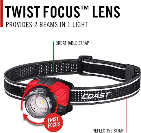 Coast® FL85R 1000 Lumen Tri-Color (White/Red/Green) Focusing Rechargeable LED Headlamp, Built-in Rechargeable Battery in Kuwait