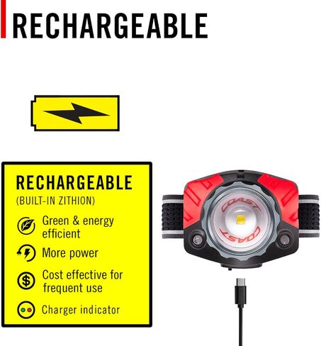 Coast® FL85R 1000 Lumen Tri-Color (White/Red/Green) Focusing Rechargeable LED Headlamp, Built-in Rechargeable Battery in Kuwait