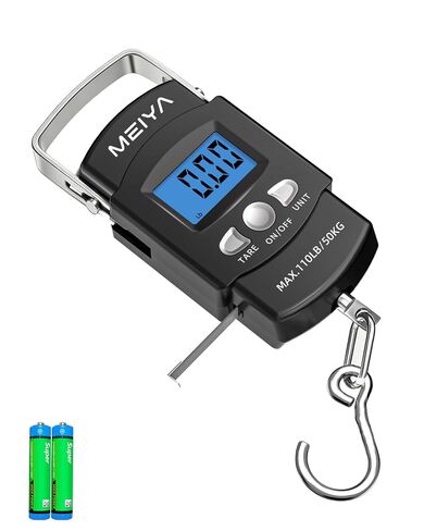 MEIYA Fish Scale 110lb/50kg Digital Fishing Scale with Backlit LCD, Portable Handle, Stainless Steel Hook, Built-in Tape Measure & 2 AAA Batteries, Reliable Fishing Gear & Great Fishing Gifts for Men in Kuwait