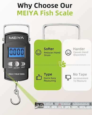 MEIYA Fish Scale 110lb/50kg Digital Fishing Scale with Backlit LCD, Portable Handle, Stainless Steel Hook, Built-in Tape Measure & 2 AAA Batteries, Reliable Fishing Gear & Great Fishing Gifts for Men in Kuwait