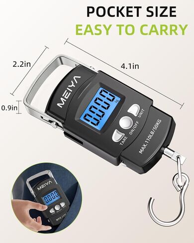 MEIYA Fish Scale 110lb/50kg Digital Fishing Scale with Backlit LCD, Portable Handle, Stainless Steel Hook, Built-in Tape Measure & 2 AAA Batteries, Reliable Fishing Gear & Great Fishing Gifts for Men in Kuwait