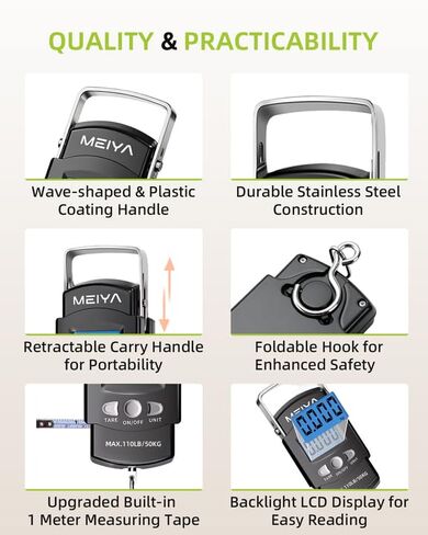 MEIYA Fish Scale 110lb/50kg Digital Fishing Scale with Backlit LCD, Portable Handle, Stainless Steel Hook, Built-in Tape Measure & 2 AAA Batteries, Reliable Fishing Gear & Great Fishing Gifts for Men in Kuwait