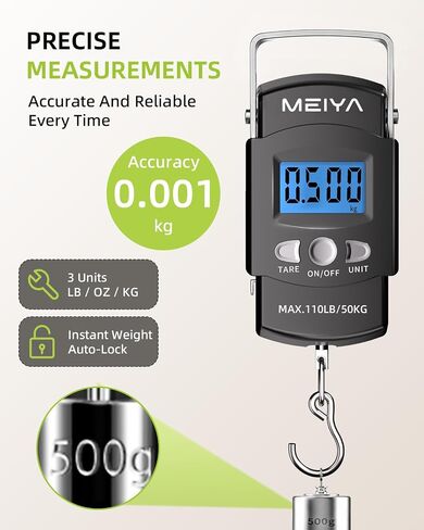 MEIYA Fish Scale 110lb/50kg Digital Fishing Scale with Backlit LCD, Portable Handle, Stainless Steel Hook, Built-in Tape Measure & 2 AAA Batteries, Reliable Fishing Gear & Great Fishing Gifts for Men in Kuwait