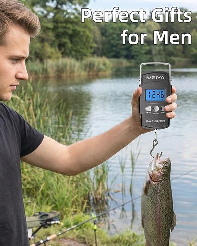 MEIYA Fish Scale 110lb/50kg Digital Fishing Scale with Backlit LCD, Portable Handle, Stainless Steel Hook, Built-in Tape Measure & 2 AAA Batteries, Reliable Fishing Gear & Great Fishing Gifts for Men in Kuwait