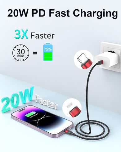 Bkduice 2ft USB C to Lightning Cable, 2 Pack PD Fast Charging [MFi Certified] USB C iPhone Charger Cord, Braided Short USBC to Lightning Cable for iPhone 14/13/12/11 Pro Max/XR/XS/SE/AirPods in Kuwait