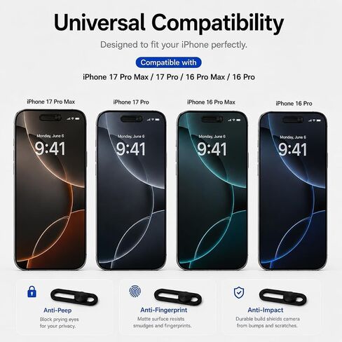 Front Camera Cover for iPhone 17/17 Air / 17 Pro / 17 Pro Max — Ultra-Thin Webcam Privacy Slide, Strong Adhesive, Face ID Friendly, No Residue — 2 Pack Black in Kuwait