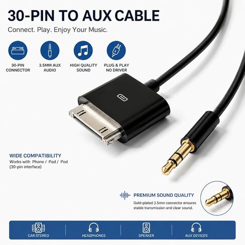 30-Pin Dock Connector to 3.5mm, 5FT 30Pin to 3.5mm Aux Input Converter in Kuwait