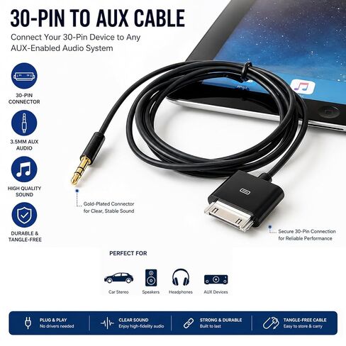 30-Pin Dock Connector to 3.5mm, 5FT 30Pin to 3.5mm Aux Input Converter in Kuwait