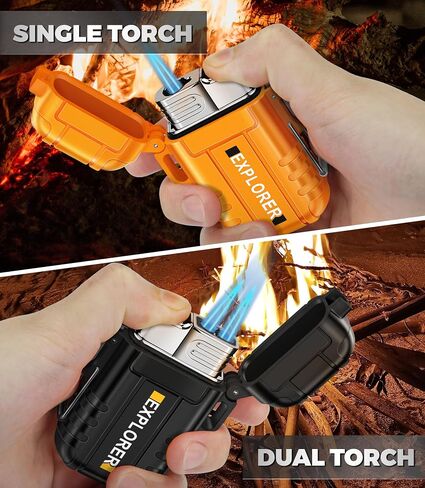Lafagiet 2 Pack of Torch Lighter, Single & Dual Jet Flame, Windproof, Waterproof, Butane Gas Refillable Lighters Multipack for Candle, Camping, Outdoor Adventure (NO Gas) in Kuwait
