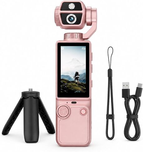 Q9 Mini Handheld HD Action Camera with 180° Rotatable Lens & Built-in Screen, Lightweight Wearable Video Recorder for Travel Cycling Daily Use, Mini Tripod Lanyard USB Cable Included, Pink in Kuwait