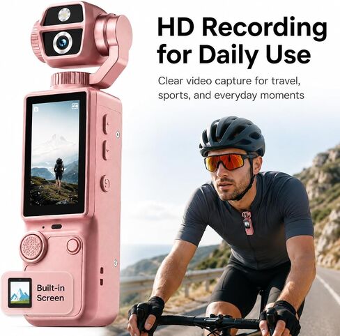 Q9 Mini Handheld HD Action Camera with 180° Rotatable Lens & Built-in Screen, Lightweight Wearable Video Recorder for Travel Cycling Daily Use, Mini Tripod Lanyard USB Cable Included, Pink in Kuwait