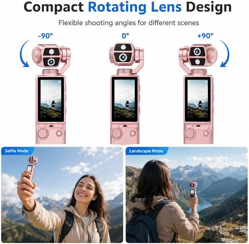 Q9 Mini Handheld HD Action Camera with 180° Rotatable Lens & Built-in Screen, Lightweight Wearable Video Recorder for Travel Cycling Daily Use, Mini Tripod Lanyard USB Cable Included, Pink in Kuwait