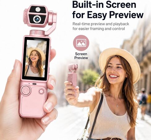 Q9 Mini Handheld HD Action Camera with 180° Rotatable Lens & Built-in Screen, Lightweight Wearable Video Recorder for Travel Cycling Daily Use, Mini Tripod Lanyard USB Cable Included, Pink in Kuwait