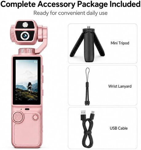Q9 Mini Handheld HD Action Camera with 180° Rotatable Lens & Built-in Screen, Lightweight Wearable Video Recorder for Travel Cycling Daily Use, Mini Tripod Lanyard USB Cable Included, Pink in Kuwait
