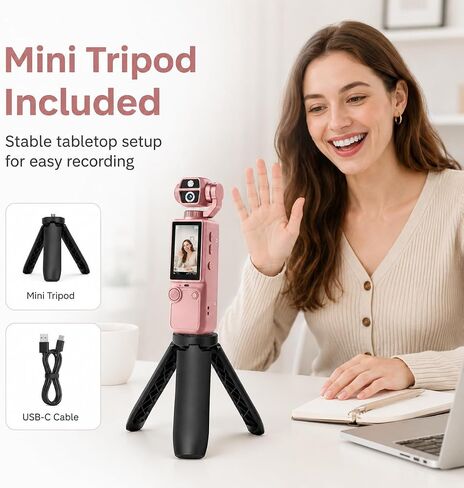 Q9 Mini Handheld HD Action Camera with 180° Rotatable Lens & Built-in Screen, Lightweight Wearable Video Recorder for Travel Cycling Daily Use, Mini Tripod Lanyard USB Cable Included, Pink in Kuwait